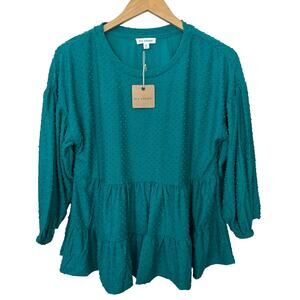 Blu Pepper Babydoll Blouse Teal Green Swiss Dot Tiered 3/4 Sleeve Medium Top New